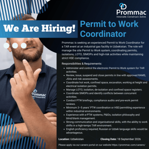 Alt Text: Permit to Work Coordinator – Prommac hiring for a TAR event in Uzbekistan