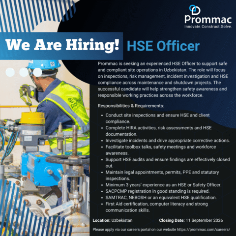 HSE Officer Uzbekistan job advertisement – Prommac hiring experienced health, safety and environmental professionals