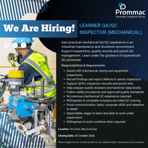 Prommac hiring advert for a Learner QA/QC Inspector (Mechanical) in Secunda, Mpumalanga, closing 30 October 2026.