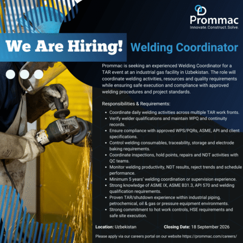 Welding Coordinator Uzbekistan vacancy poster – Prommac hiring for a TAR event at an industrial gas facility